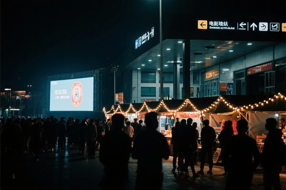 费城球迷广场夜景：大屏观赛人群、步行指示牌与公共交通入口